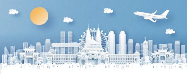 Chongqing 'in panorama manzarası, Çin' in tapınağı ve şehir silüeti kağıt kesiği stil illüstrasyonunda dünyaca ünlü simgelerle dolu.