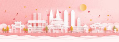 Çin 'in Chongqing şehrinde sonbahar. Düşen akçaağaç yaprakları ve kağıt kesim stili illüstrasyonunda dünyaca ünlü simgeler.