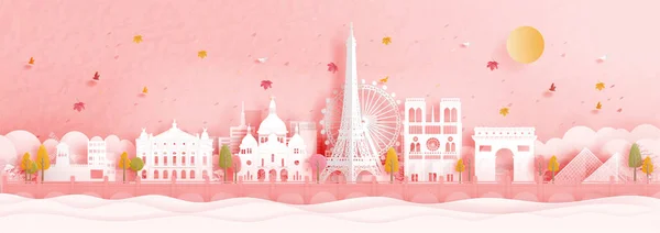 秋天在法国巴黎 枫叶飘落 地标举世闻名的剪纸风格矢量图解 — 图库矢量图片