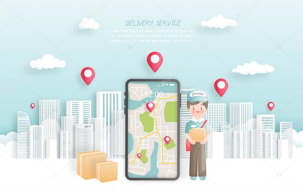 Online service with delivery boy delivering a package to town, online booking. Vector illustration