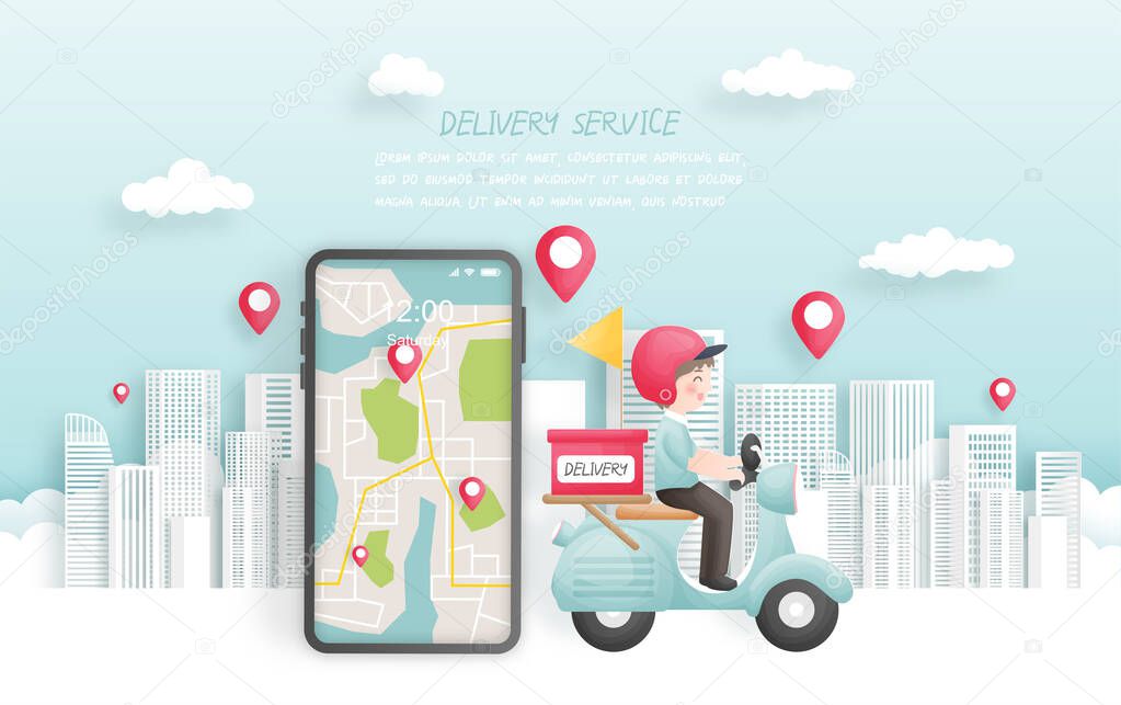 Online service with delivery boy delivering a package to town, online booking. Vector illustration
