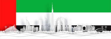 Dubai bayrağı ve kağıt kesimi biçim illüstrasyonunda ünlü simgeler. 