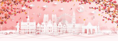 Brüksel 'de sonbahar, Belçika' da dökülen akçaağaç yaprakları ve kağıt kesim stili illüstrasyonunda dünyaca ünlü simgeler