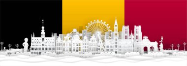 Belçika bayrağı ve kağıt kesimi biçim illüstrasyonundaki ünlü simgeler. 