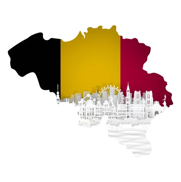 Kağıt Kesim Stili Illüstrasyonunda Dünyaca Ünlü Simgelere Sahip Belçika Haritası — Stok Vektör