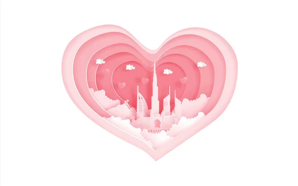 Dubaj Słynne Zabytki Koncepcji Miłości Kształtem Serca Karta Walentynkowa Reklama — Wektor stockowy