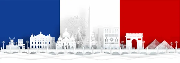 Drapeau Français Avec Monument Renommée Mondiale Vue Panoramique — Image vectorielle