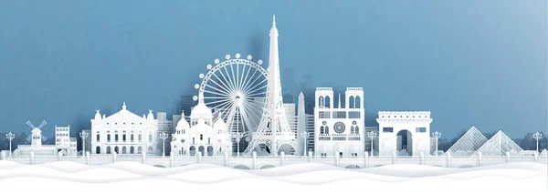 Paris, Fransa 'nın Panorama manzarası kağıt kesim stili illüstrasyonunda dünyaca ünlü simgelerle gökyüzü