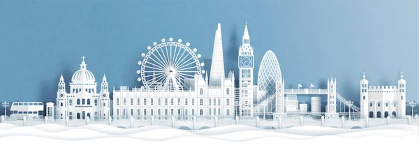 Londra, İngiltere 'nin panorama manzarası kağıt kesim stili illüstrasyonunda dünyaca ünlü simgelerle gökyüzü