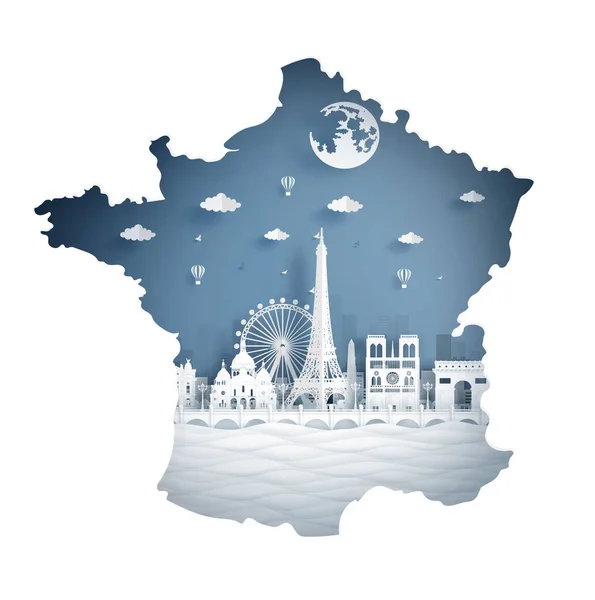 法国巴黎地图 带有巴黎地标 剪纸设计 — 图库矢量图片