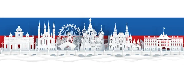 Ryssland Flagga Och Berömda Landmärken Papper Stil Vektor Illustration — Stock vektor