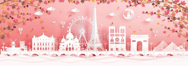 秋天的法国巴黎地标全景 剪纸风格的著名地标 — 图库矢量图片