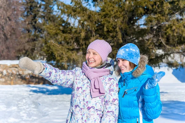 Внешний портрет двух молодых счастливых девушек показывает руку в зимнем парке — стоковое фото