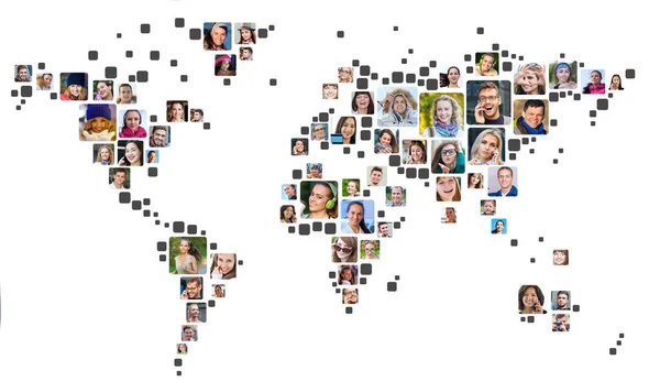 Collection of people portraits placed as world map shape. Global Business Concept — Stock Photo, Image