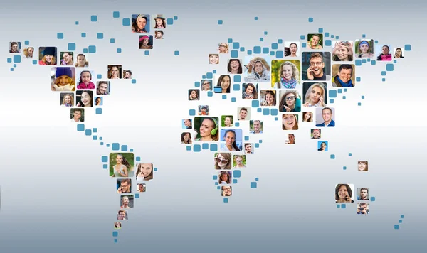 Collection of people portraits placed as world map shape. Global Business Concept — Stock Photo, Image
