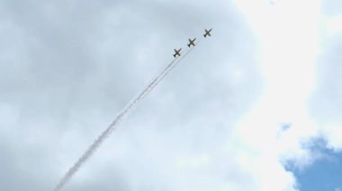 Hava gösterisinde uçaklar parlak mavi gökyüzüne karşı düzende uçuyor.