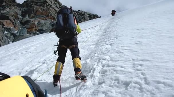 Stelletje bergbeklimmers of bergbeklimmers naar de top van een besneeuwde berg — Stockvideo