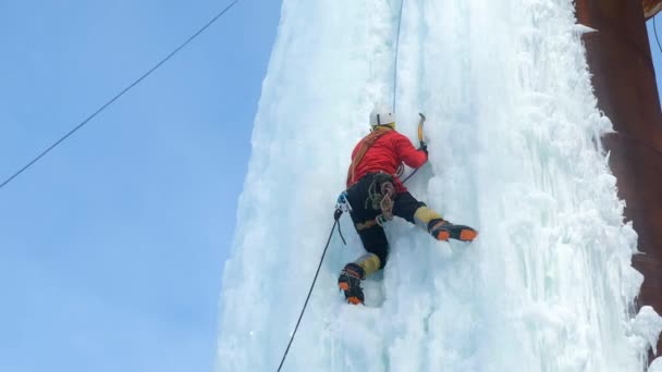 Alpinist man med is verktyg yxa klättra en stor vägg av is. — Stockvideo