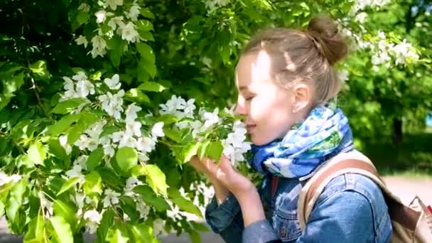 Kobieta kichająca z kwitnącego drzewa. Pojęcie: alergia sezonowa — Wideo stockowe