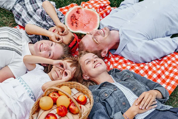 Happy Family Resting Picnic Enjoying Lying Checkered Plaid Meadow Adults — Stock Photo, Image