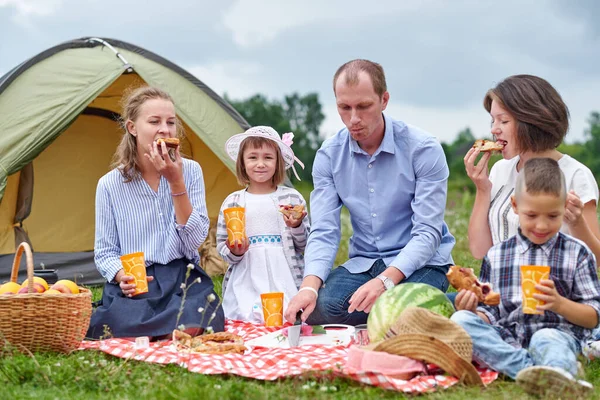 Família Feliz Fazendo Piquenique Prado Dia Ensolarado Família Apreciando Férias — Fotografia de Stock