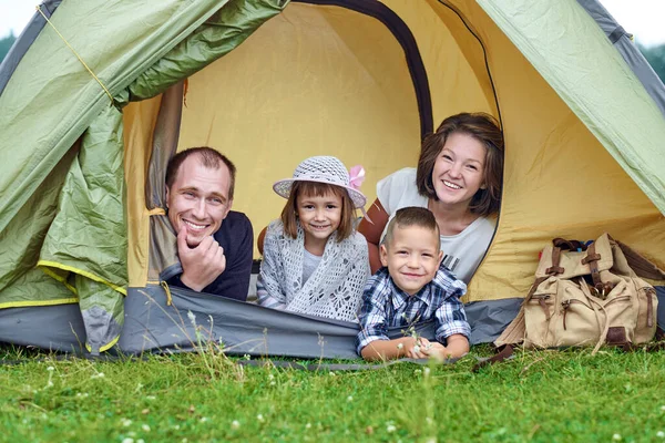 Family Parents Two Children Camp Tent Happy Mother Father Son — Stock Photo, Image