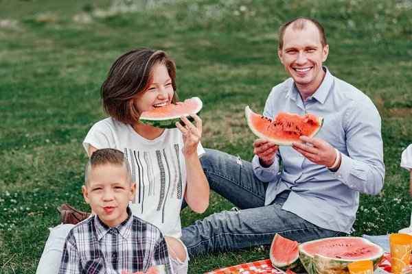 Mutlu Bir Aile Çadırın Yanındaki Çayırda Piknikte Karpuz Yiyor Anne — Stok fotoğraf