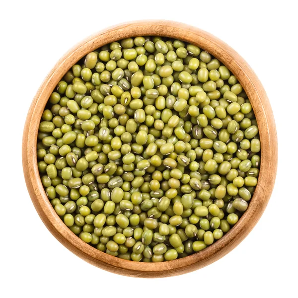 Mung beans in a wooden bowl on white background — Stock Photo, Image
