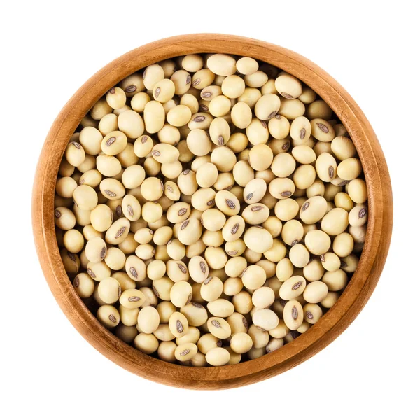 Soybeans in wooden bowl on white background — Stock Photo, Image