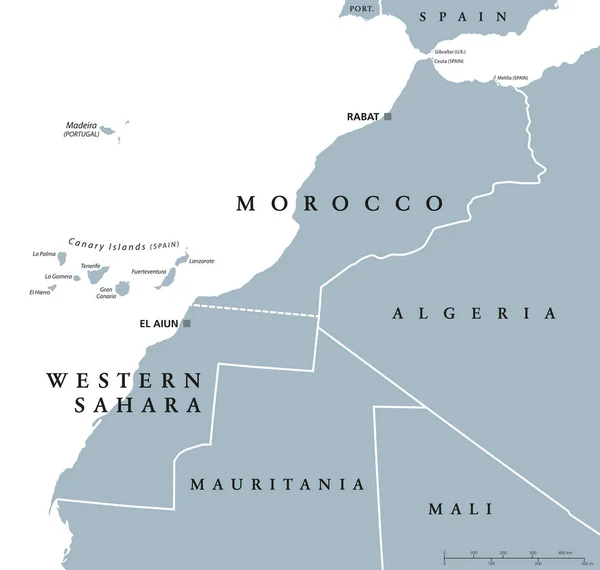 Marruecos y Sahara Occidental mapa político — Vector de stock
