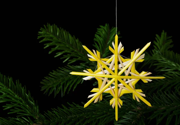Sárga szalma csillag karácsonyi dekoráció, fenyő ága felett — Stock Fotó