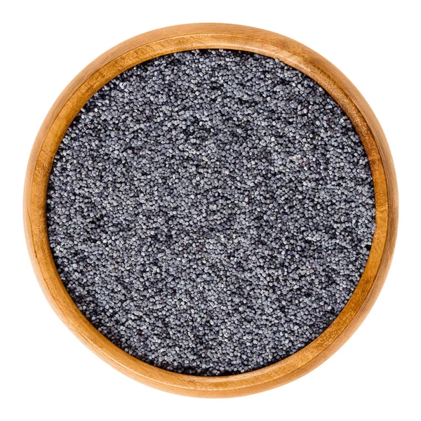 Семена голубого мака в деревянной чаше поверх белого — стоковое фото