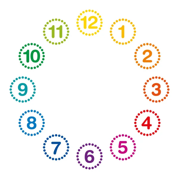 Reloj de color arco iris cara con horas de uno a doce — Vector de stock