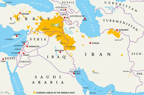 Kurd területei a Közel-Keleten, politikai térképe — Stock Vector