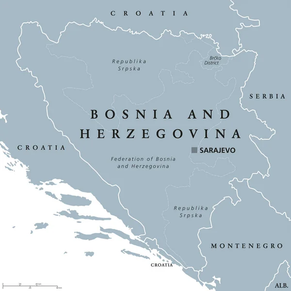Bosnia y Herzegovina mapa político con capital Sarajevo — Vector de stock