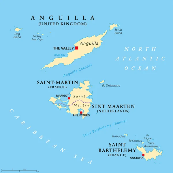 Anguilla, Saint-Martin, Sint Maarten och Saint Barthelemy karta — Stock vektor