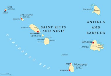 Saint Kitts, Nevis, Antigua, Barbuda ve Montserrat siyasi harita