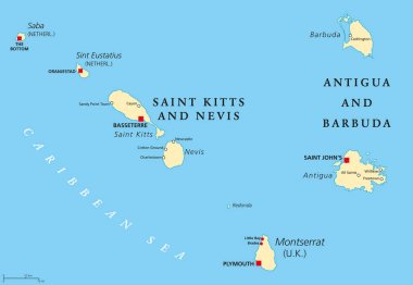 Saint Kitts, Nevis, Antigua, Barbuda and Montserrat political map clipart