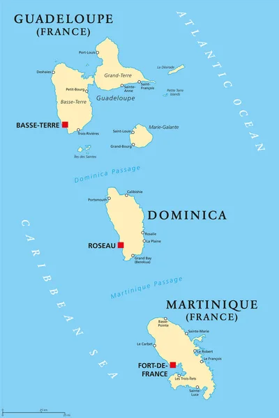 Guadeloupe, Dominica and Martinique political map — Stock Vector