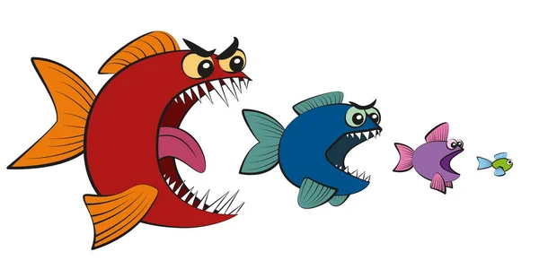 Comer peces grandes Comic de peces pequeños — Vector de stock
