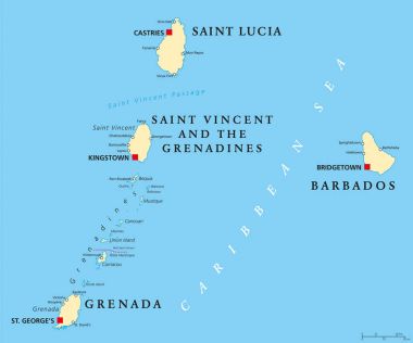 Barbados, Grenada, Saint Lucia and Saint Vincent political map clipart