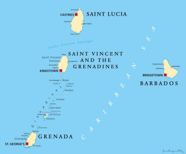 Barbados, Grenada, Saint Lucia and Saint Vincent political map clipart