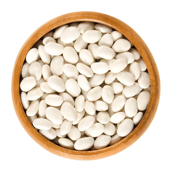 White navy beans in wooden bowl over white — Stock Photo, Image
