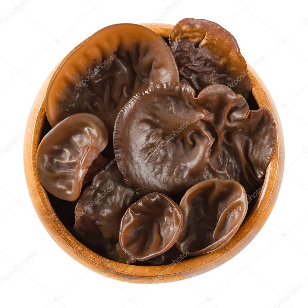 Fresh black fungus, wood ear, in wooden bowl