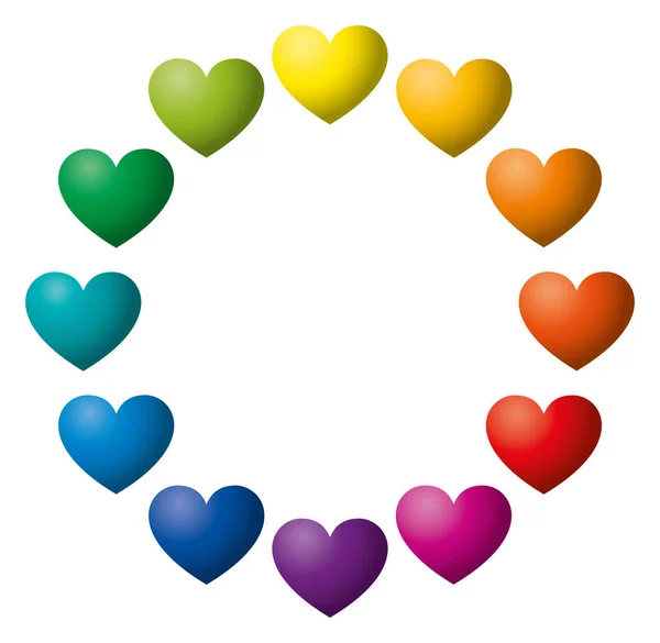 Douze coeurs de couleur arc-en-ciel disposés en cercle — Image vectorielle
