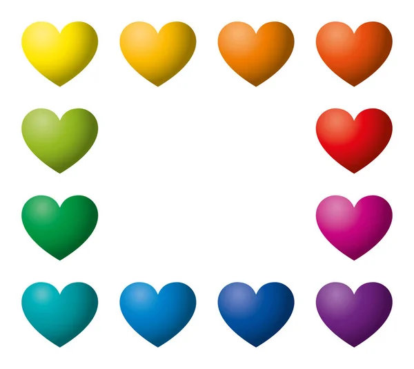 Dodici cuori di colore arcobaleno a forma di rettangolo — Vettoriale Stock