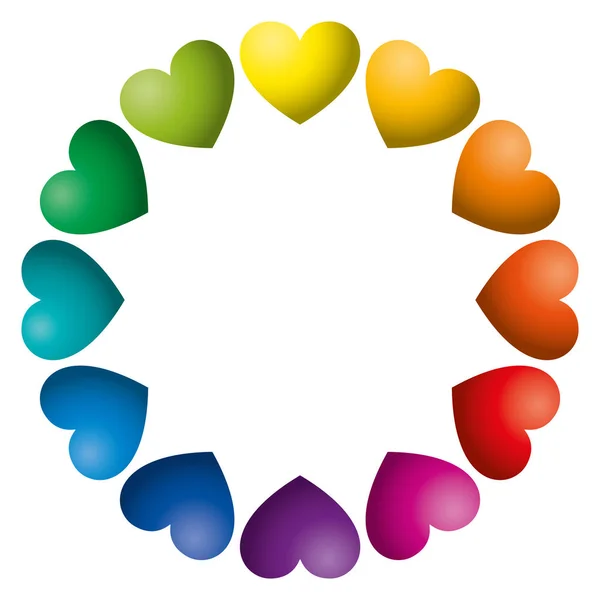 Corazones de color arco iris dispuestos en un círculo — Vector de stock