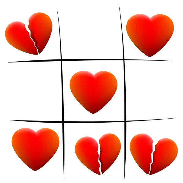 Kalp kırıklığı sevgi kalpleri Tic Tac Toe — Stok Vektör