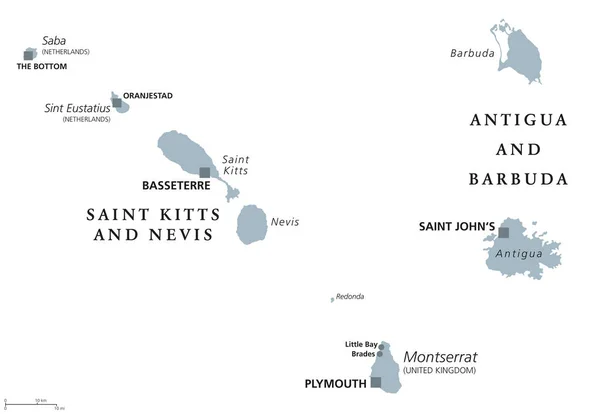 San Cristóbal, Nevis, Antigua, Barbuda, Montserrat mapa político — Vector de stock