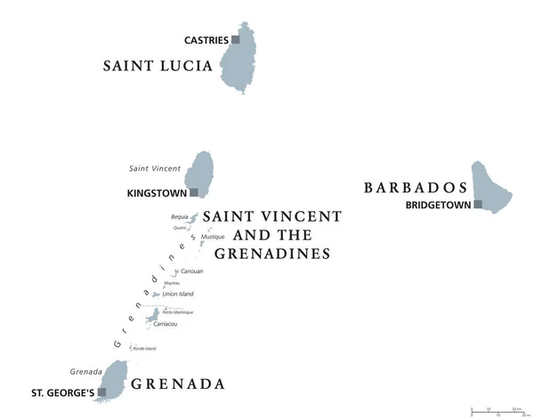 巴巴多斯、 格林纳达、 圣卢西亚、 圣文森特政治地图 — 图库矢量图片